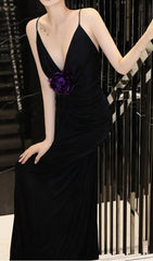 POLYESTER FLORAL RUFFLE SLIMMING HALTER MAXI DRESS IN BLACK