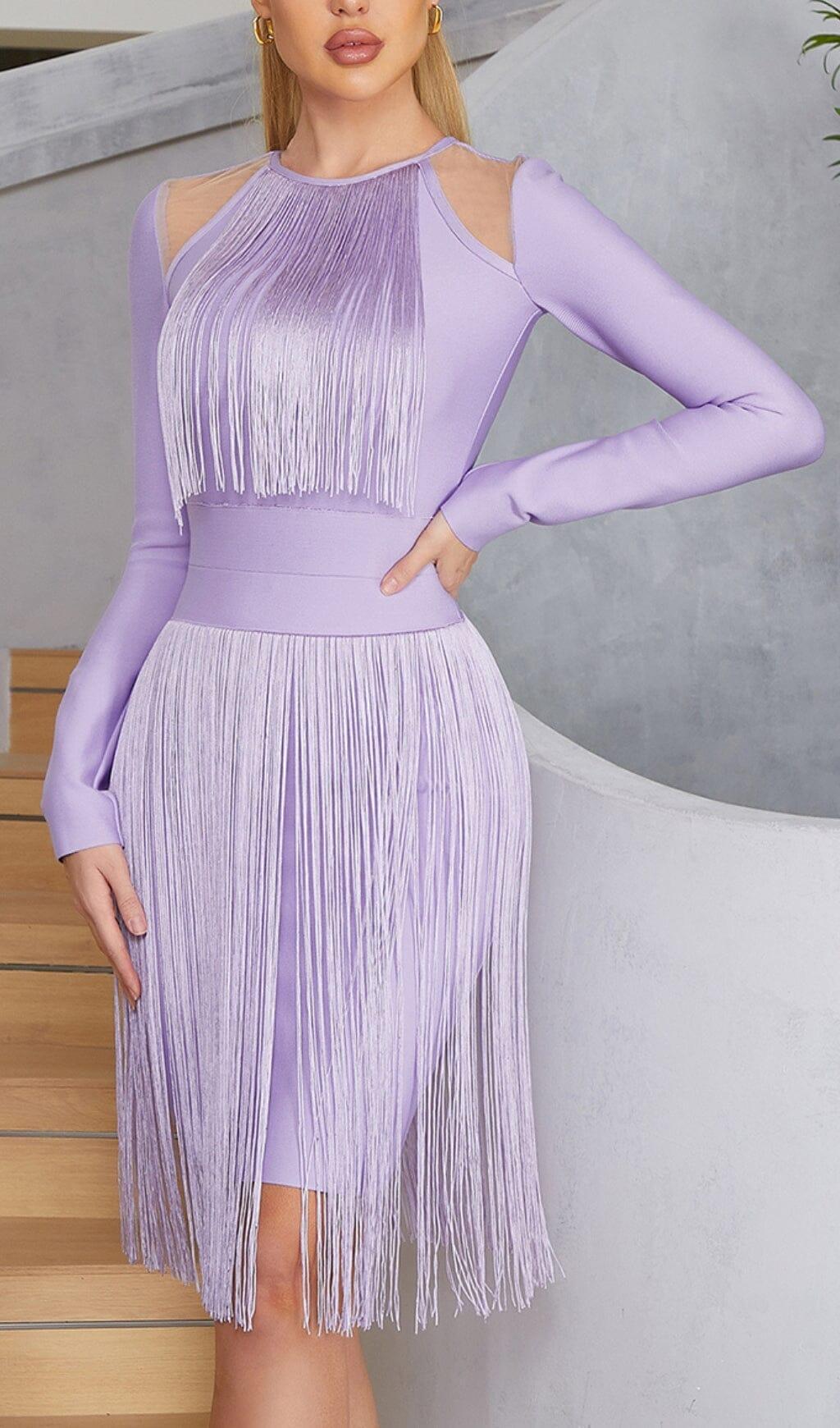 HOLLOWED-OUT SHOULDER FRINGED DRESS IN PURPLE