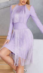 HOLLOWED-OUT SHOULDER FRINGED DRESS IN PURPLE