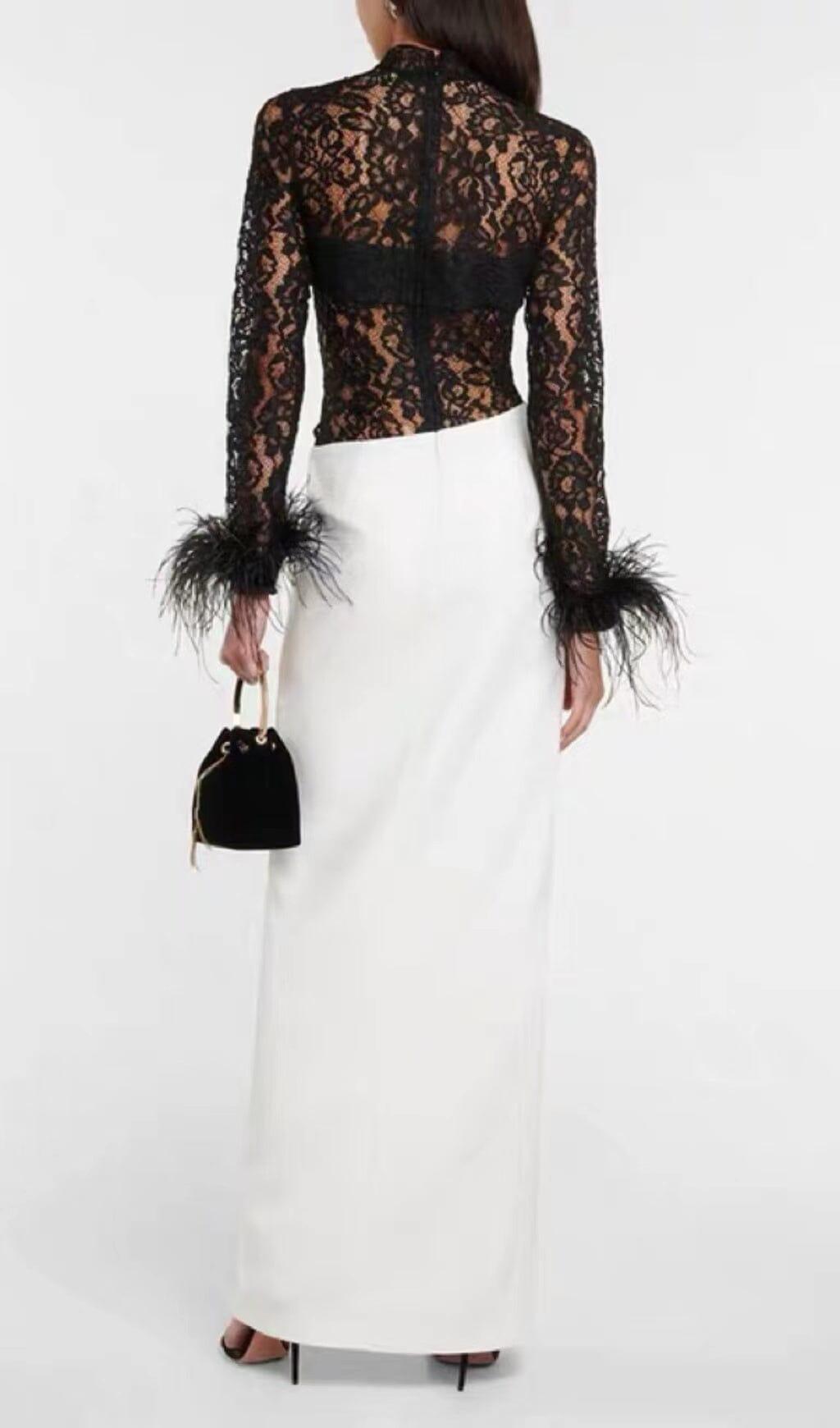 SPLICED LACE FEATHER SLIT DRESS IN BLACK AND WHITE