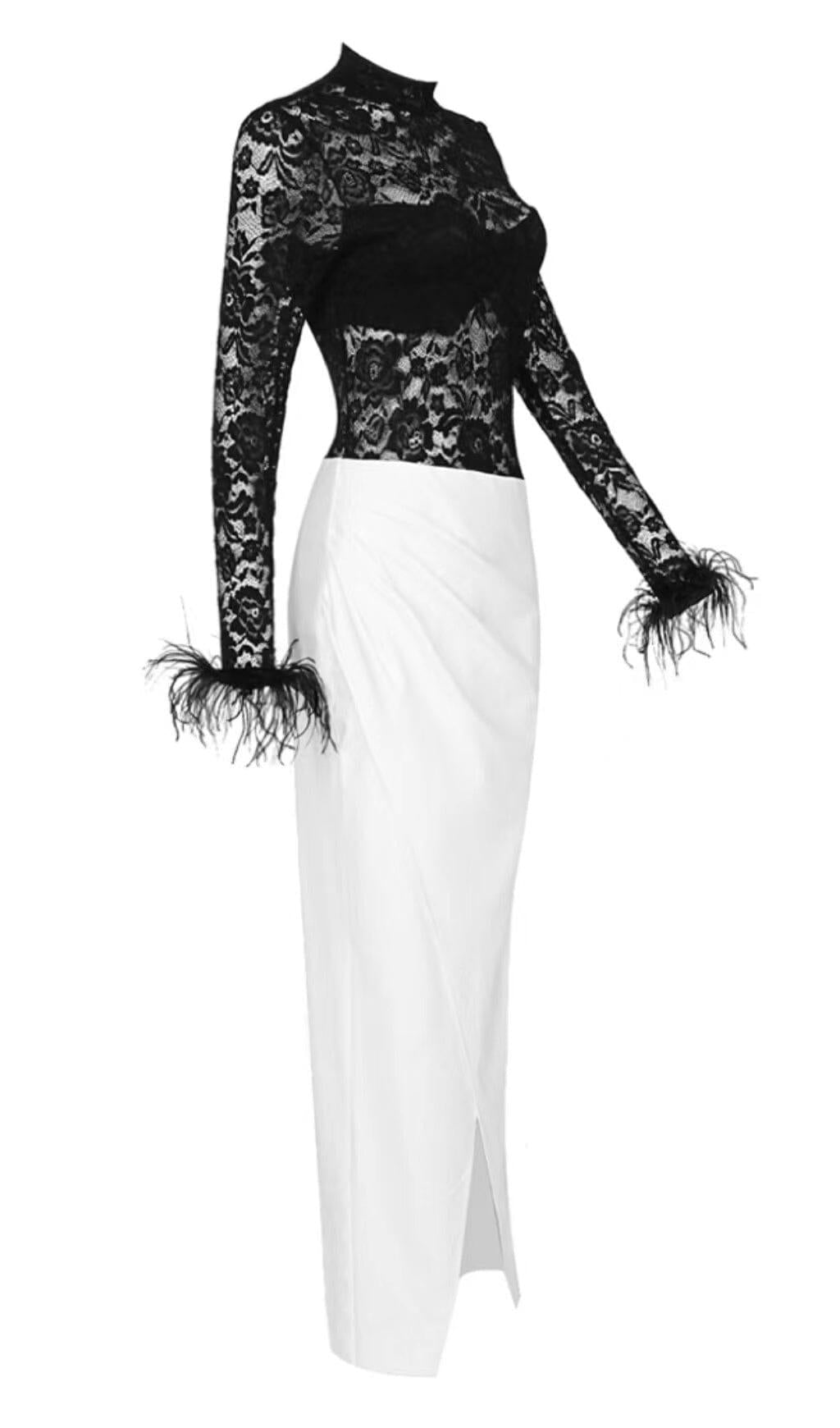 SPLICED LACE FEATHER SLIT DRESS IN BLACK AND WHITE