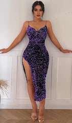 V-NECK SLIT BACKLESS SEQUIN MIDI DRESS IN PURPLE