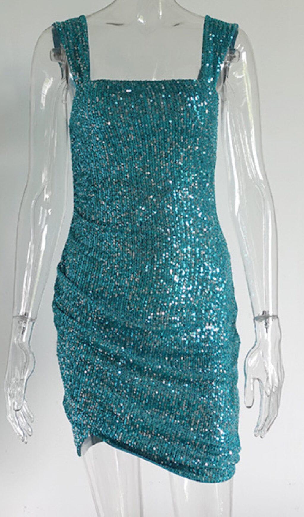 SQUARE-NECK SEQUIN SUSPENDER DRESS IN BLUE