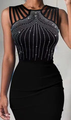 POLYESTER IRON-ON HALTER SLEEVELESS ONE STEP DRESS IN BLACK