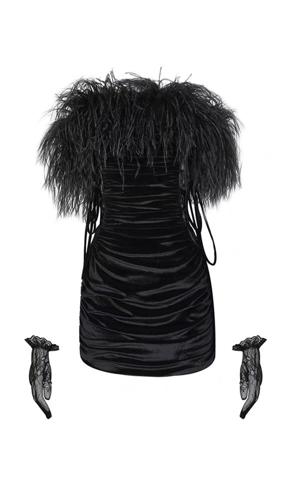 VELVET OFF-SHOULDER FEATHER MINI DRESS IN BLACK