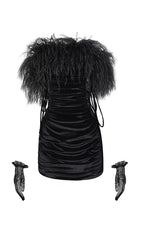 VELVET OFF-SHOULDER FEATHER MINI DRESS IN BLACK