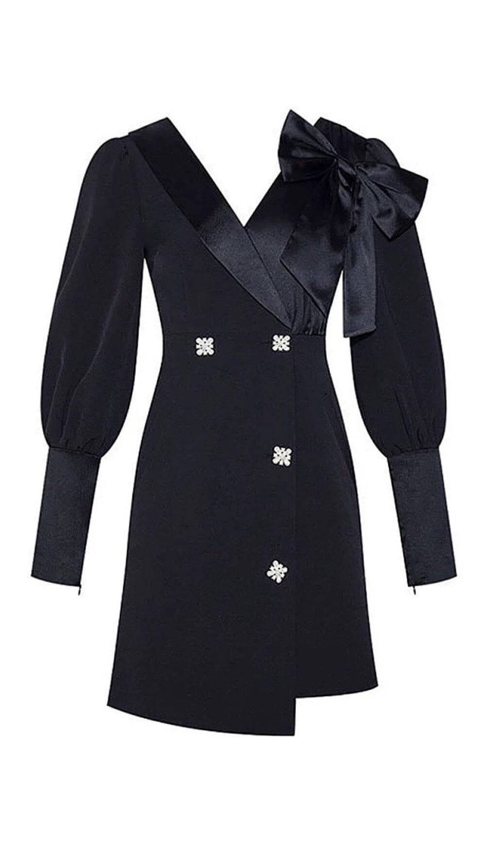 DIAMOND-BUTTON BOW LATERN SLEEVE IRREGULAR SUIT DRESS IN BLACK