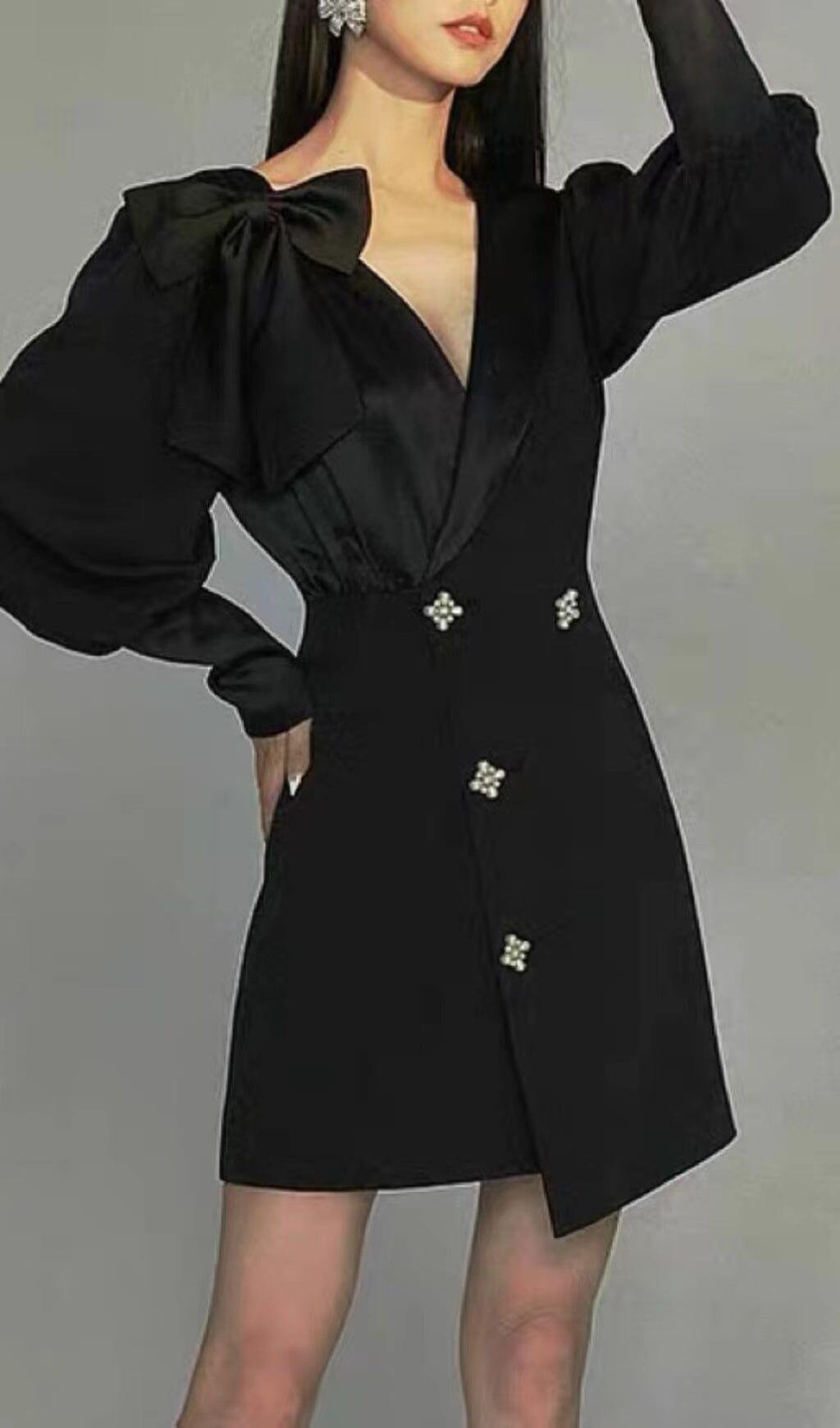 DIAMOND-BUTTON BOW LATERN SLEEVE IRREGULAR SUIT DRESS IN BLACK