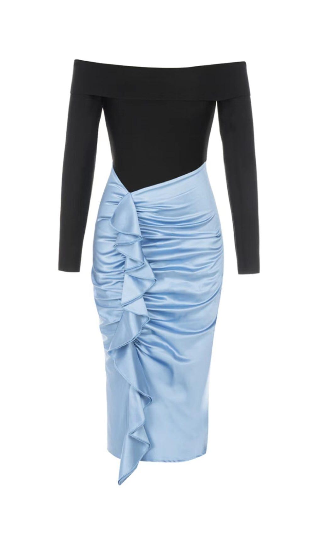 ONE-LINE SHOULDER LOTUS LEAF FISH TAIL DRESS IN BLACK AND BLUE SPLICED