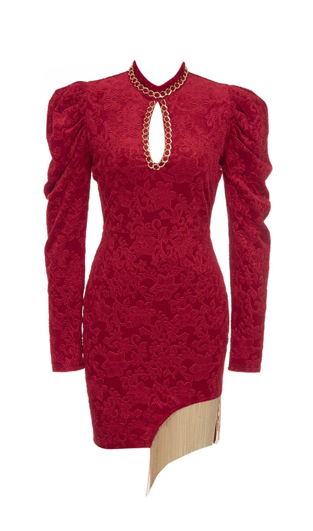 WINE RED CHINESE STYLE DARK GRAIN MINI DRESS