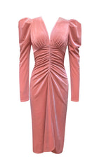 PINK LEG SLEEVE V-NECK VELVET DRESS