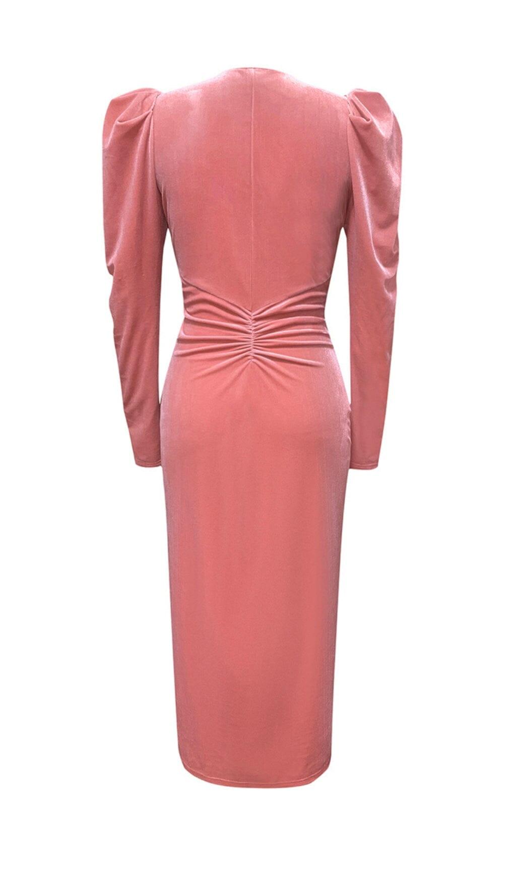 PINK LEG SLEEVE V-NECK VELVET DRESS