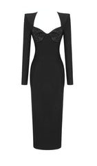 BLACK SQUARE NECK RHINESTONE BODICE MIDI DRESS