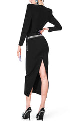 BLACK SQUARE NECK RHINESTONE BODICE MIDI DRESS