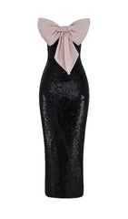 BLACK SEQUIN STRAPLESS BOW DRESS