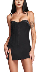 FISHBONE SUSPENDER MINI DRESS IN BLACK