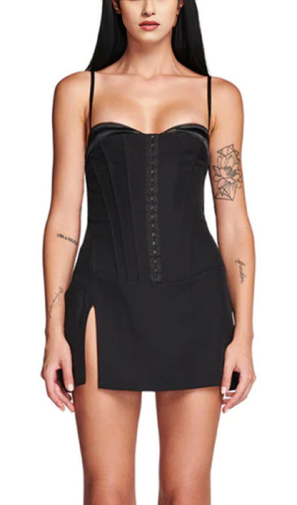 FISHBONE SUSPENDER MINI DRESS IN BLACK