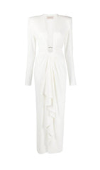 WHITE PLUNGE-NECK DRAPED GOWN