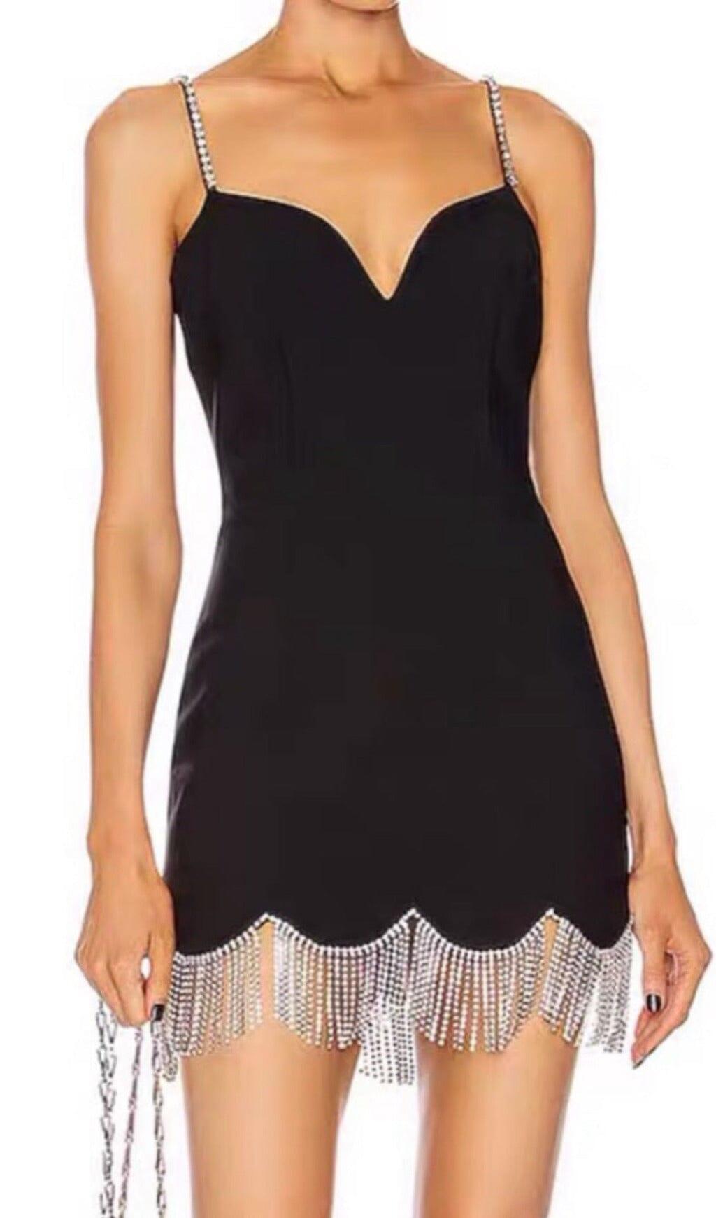 WAVY FRINGED SUSPENDER DRESS IN BLACK