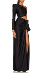 COPPER SPANDEX STITCHING SPLIT MAXI DRESS IN BLACK