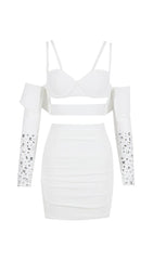 BANDAGE BRIGHT DIAMOND HOLLOW TWO PIECE HALTER WRAP DRESS IN WHITE