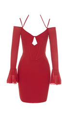 BANDAGE HANGING NECK RUFFLE SLEEVE STRETCH SLIM DRESS IN RED