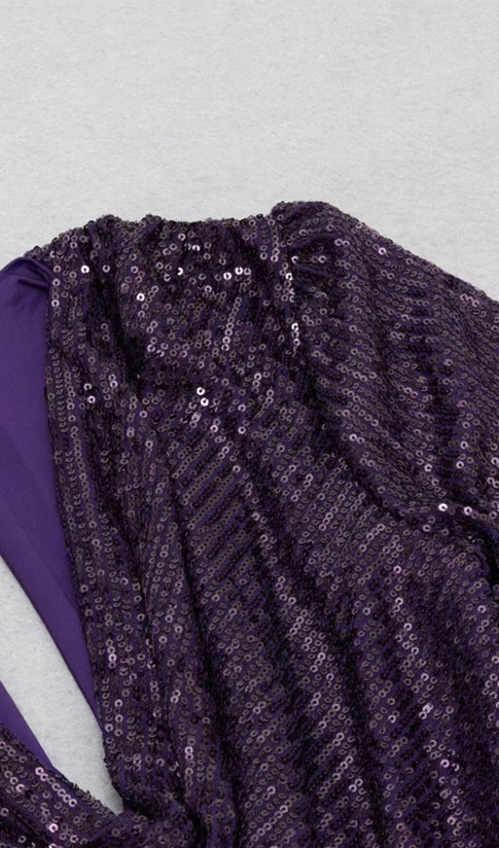 GLITTER PLEATS BIG V-NECK WRAP HIP DRESS IN PURPLE