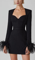 STRETCH LONG SLEEVES FEATHER MINI DRESS IN BLACK