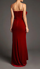 DARK RED FRONT BOW SIDE SLIT MERMAID MAXI DRESS