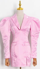 V-NECK ONE BUTTON LONGS SLEEVE MINI SUIT DRESS IN PINK