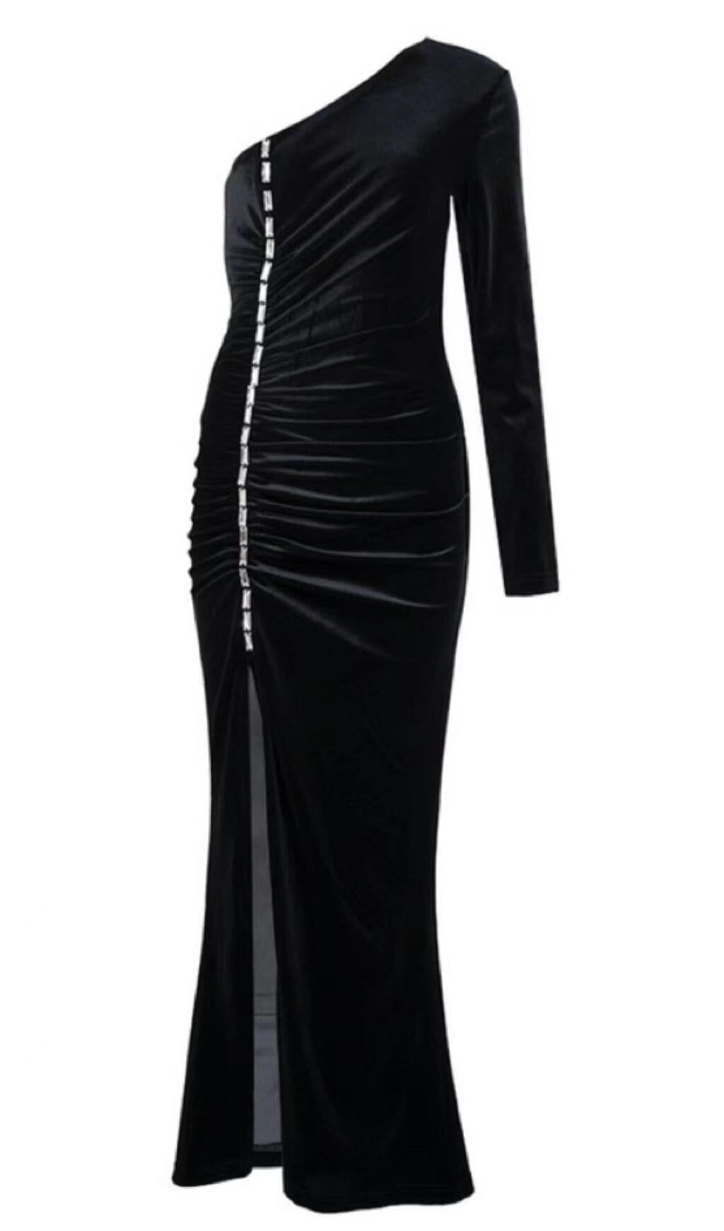 VELVET DIAMOND ONE SHOULDER SPLIT MAXI DRESS IN BLACK