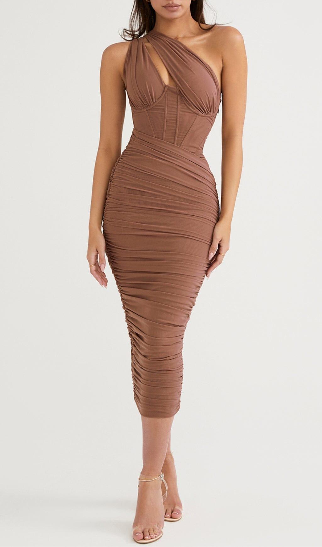 ASYMMETRIC CUTOUT MIDI DRESS IN MOCHA