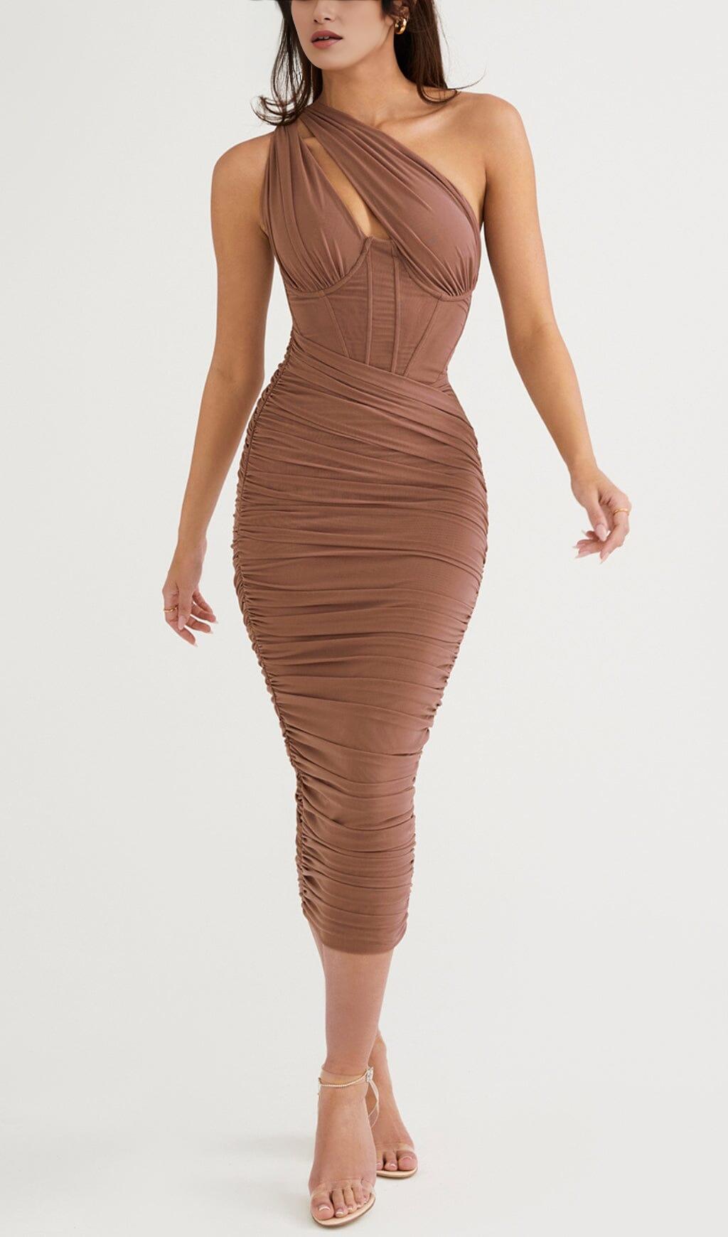 ASYMMETRIC CUTOUT MIDI DRESS IN MOCHA