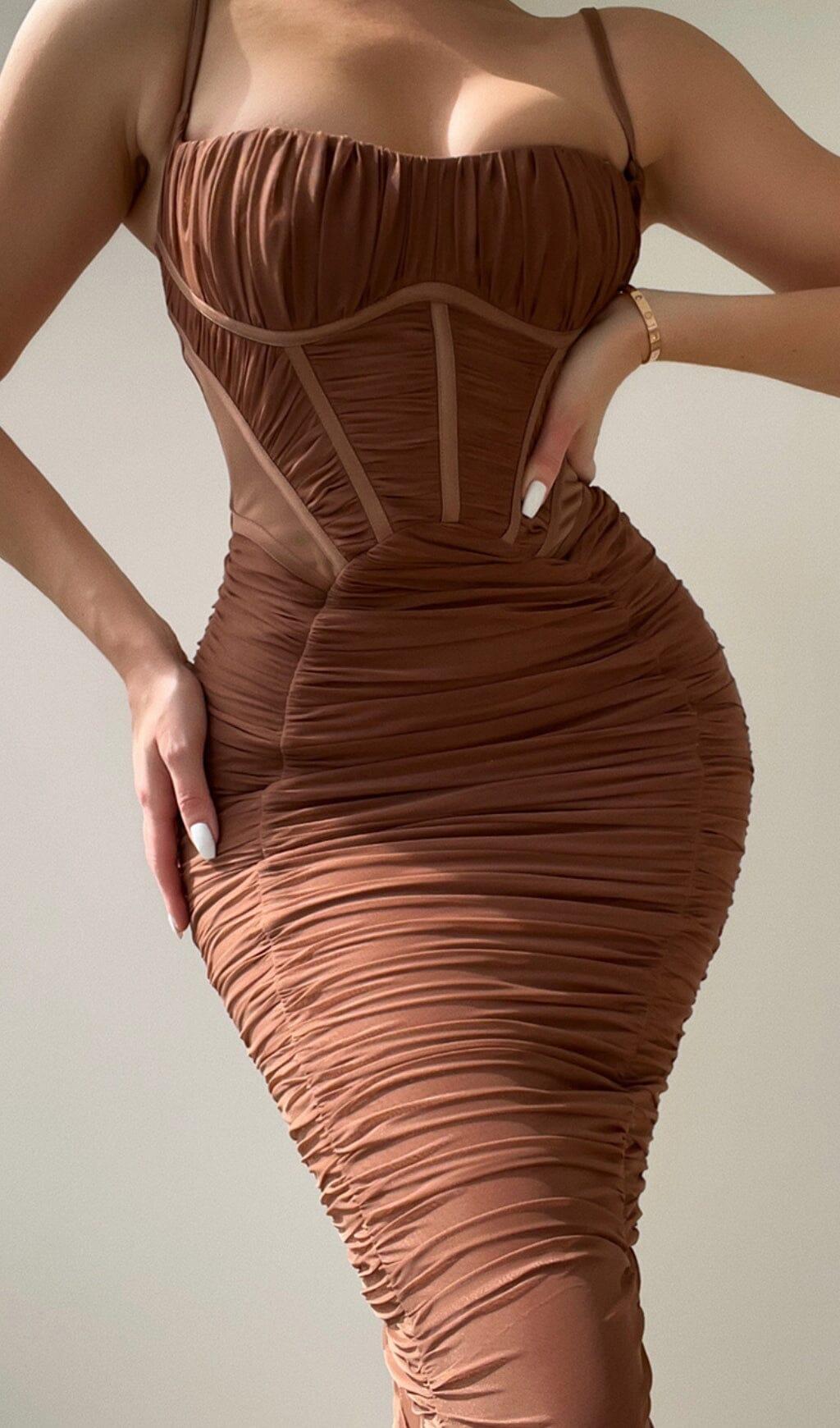 CORSET MAXI DRESS IN MOCHA