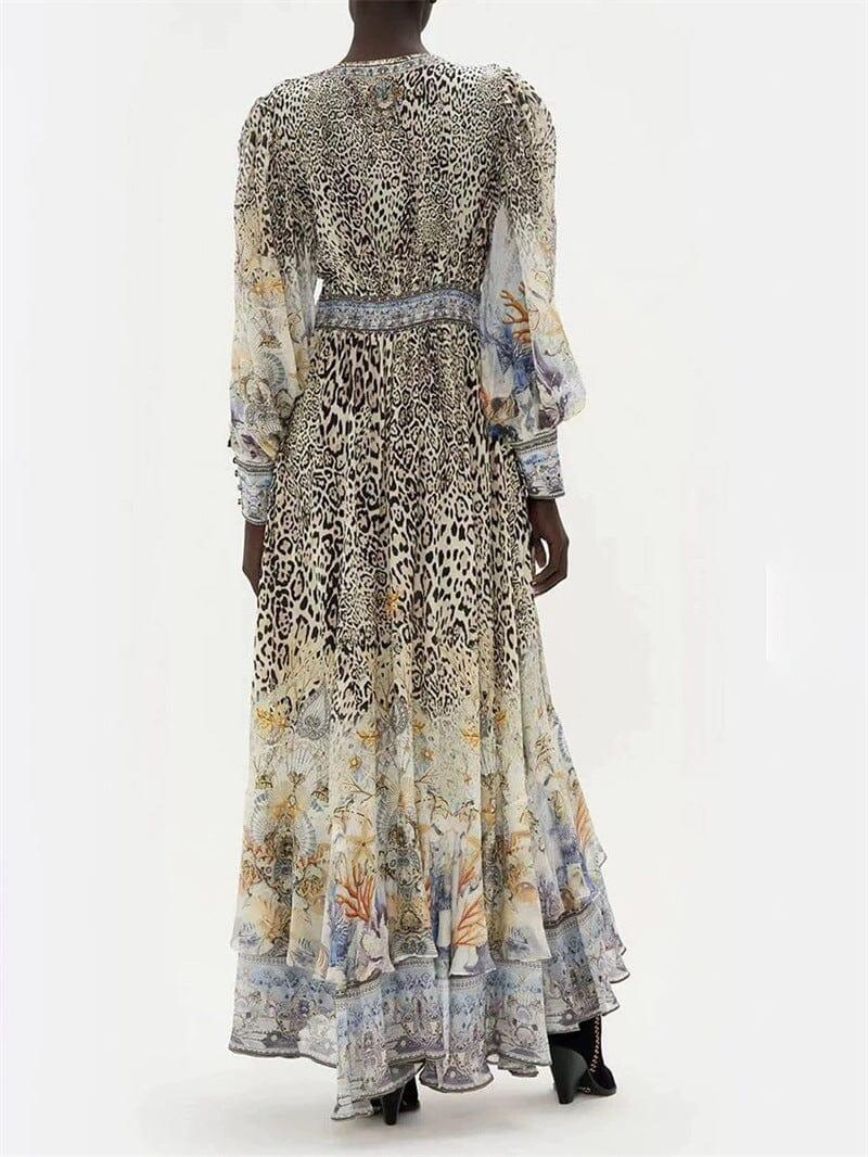 LONG SLEEVE DEEP V-NECK LEOPARD PATTERN WRAPPED WAIST MAXI DRESS