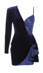 VELVET PLEATED SEQUINED MINI DRESS IN NAVY BLUE