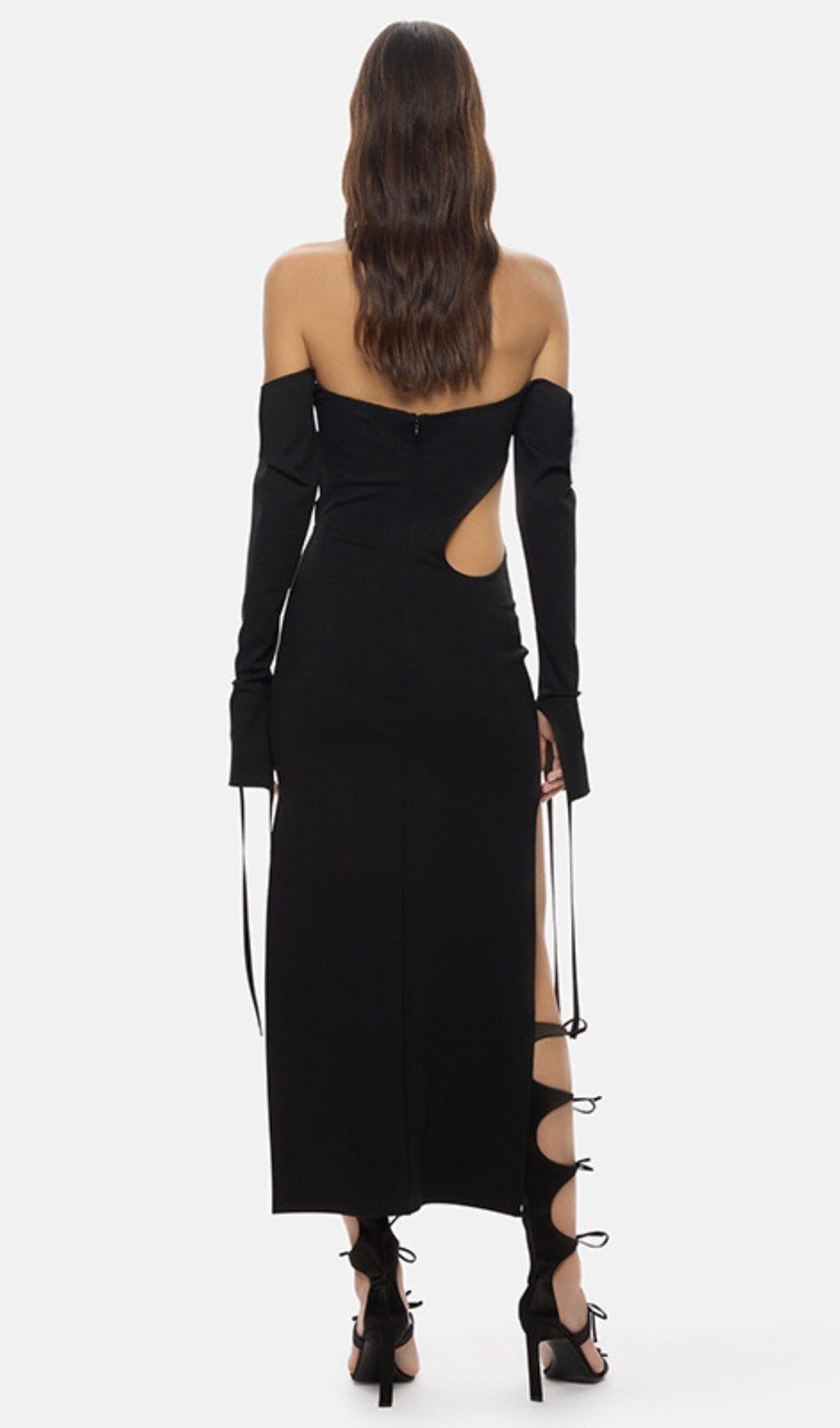 STRAPLESS STRAPPY SLIT DRESS IN BLACK