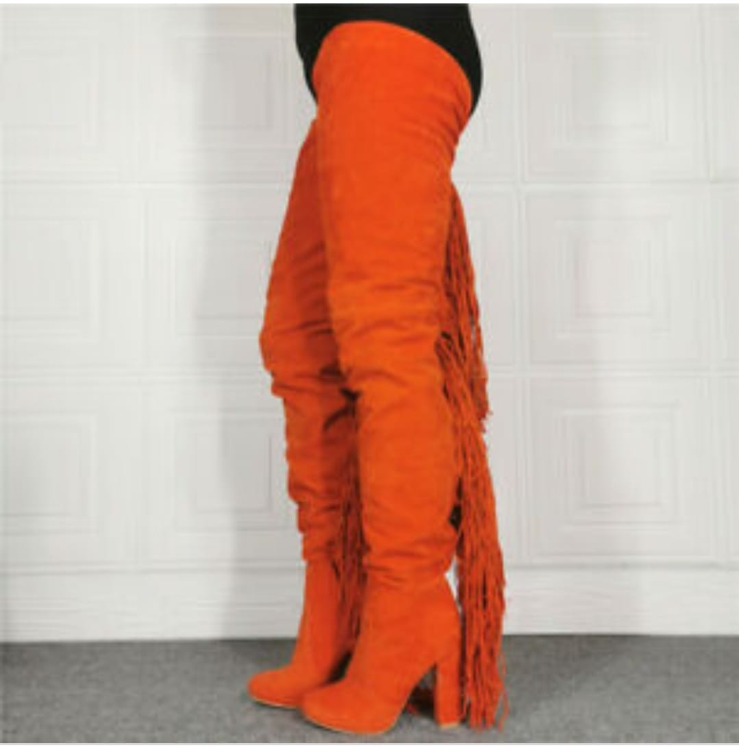 Orange Ultrasuede Fringe Tassel Hip High Boots