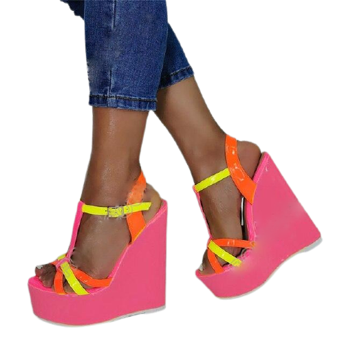 Mixed Color T-Strap Wedge Sandals