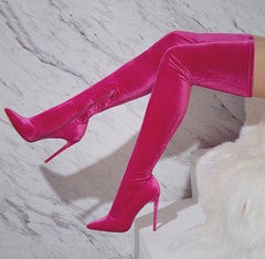 Pink Velvet Thigh High Zip Up Boots