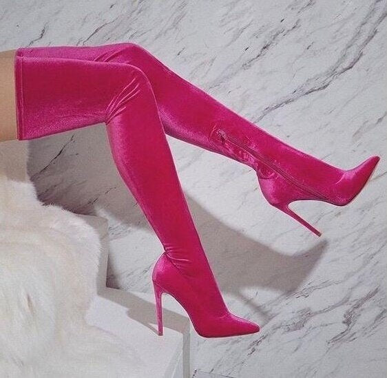 Pink Velvet Thigh High Zip Up Boots