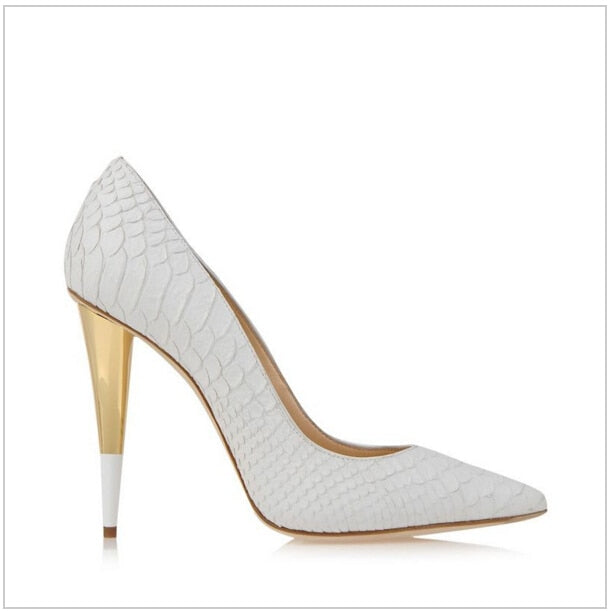 White  High Heel Gold Stiletto Pumps