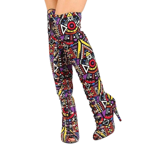 Tribal Print Open Toe Thigh High Boots