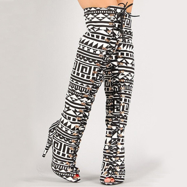 Tribal Print Open Toe Thigh High Boots