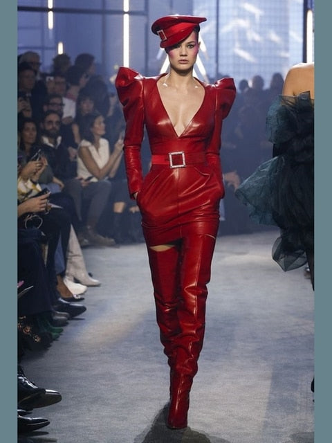 Red Leather With Zip Up Thigh High Boots