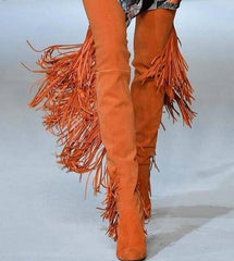 Orange Ultrasuede Fringe Tassel Hip High Boots