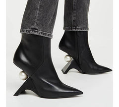 Leather Pearled Pointed Toe Ankle Boots