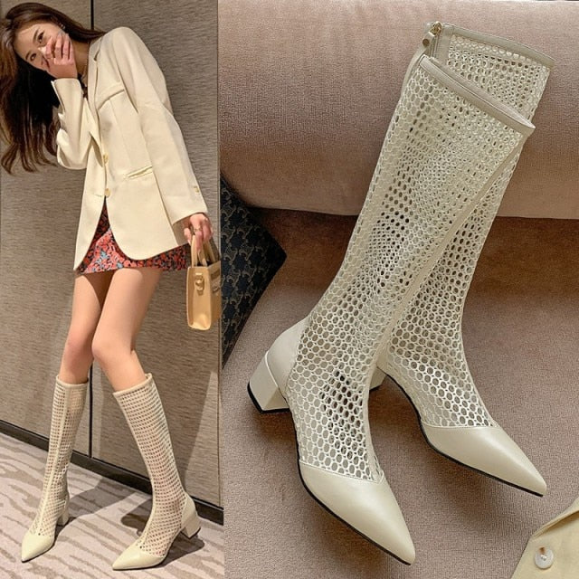 Knee Length Zip Up Mesh Boots