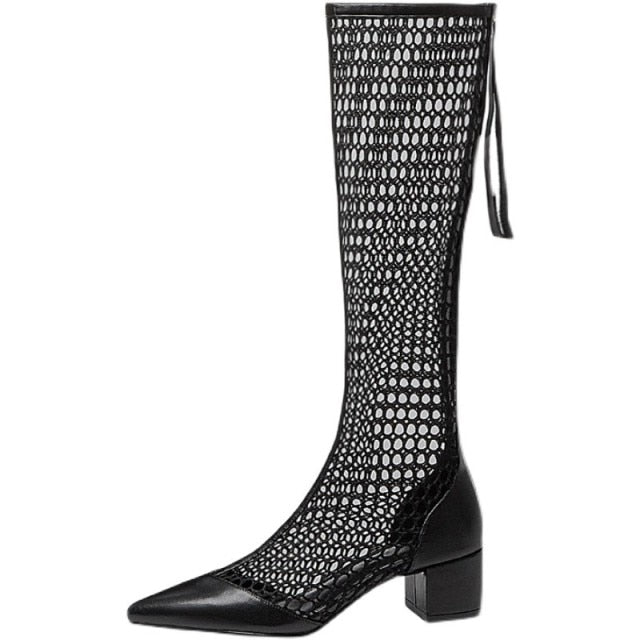 Knee Length Zip Up Mesh Boots