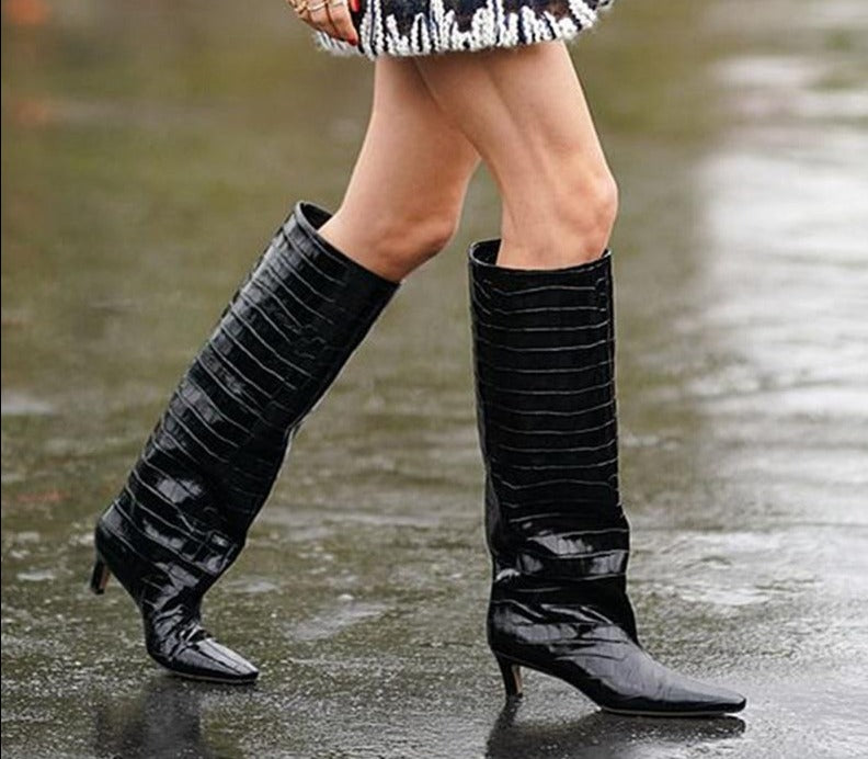 Croc Embossed Faux Leather Knee High Boots